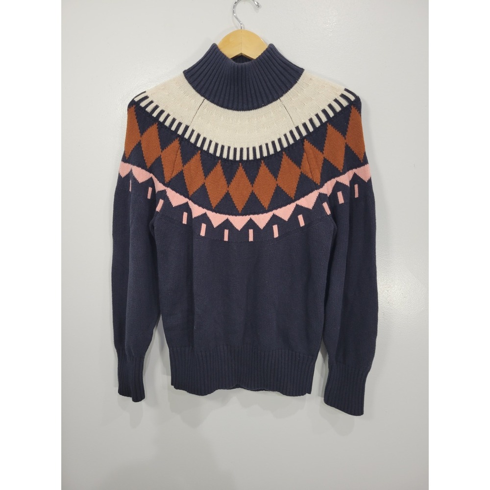 Free Assembly Womens Navy Fair Isle Mock Neck Cotton Wool Blend Sweater Large
